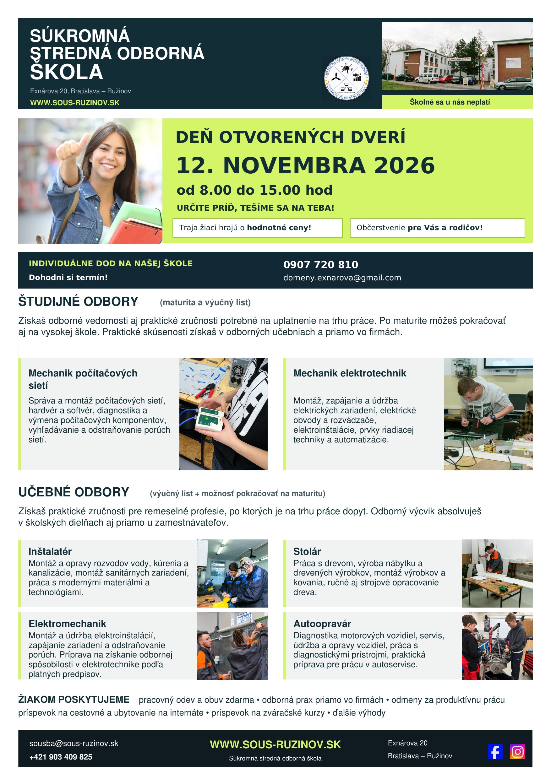 Leták Deň otvorených dverí 12. novembra 2026, SSOŠ Exnárova 20, Bratislava